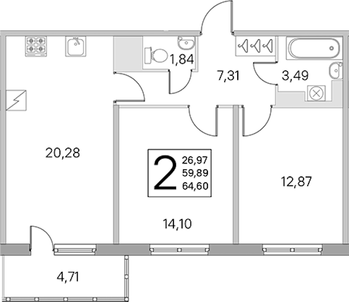 2-комнатная квартира 59.89 м², 2/5 эт., ЖК «ЮгТаун. Олимпийские кварталы»